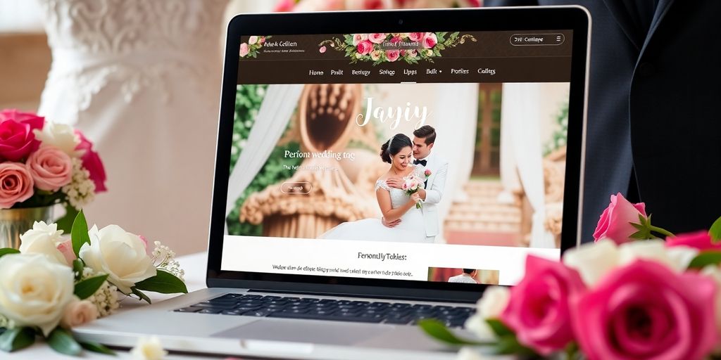 Bryllupshjemmeside med blomster og bryllupsbeklædning.