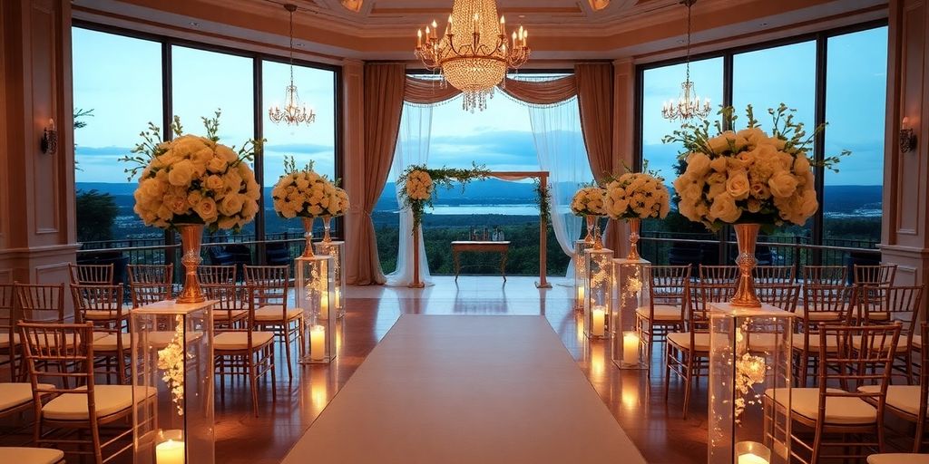 Bryllupslokale med elegant dekoration og blomsterarrangementer.