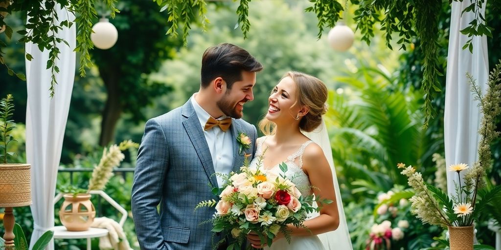 Bryllupspar i en smuk have med økologiske dekorationer.