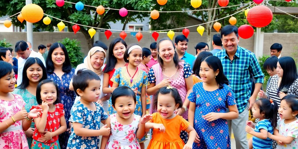 Familiefest med glade mennesker og farverige dekorationer.