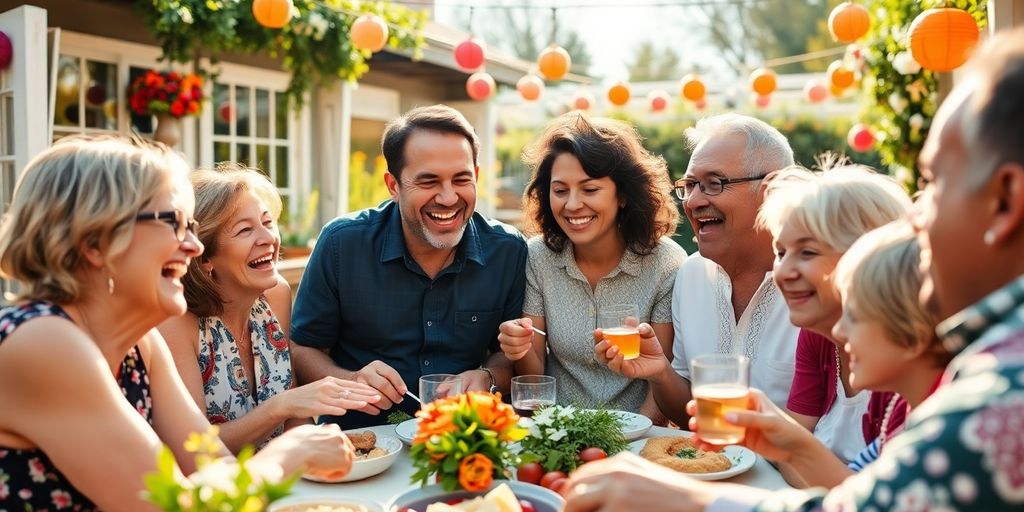 Familiefest med glade ansigtstræk og samvær.