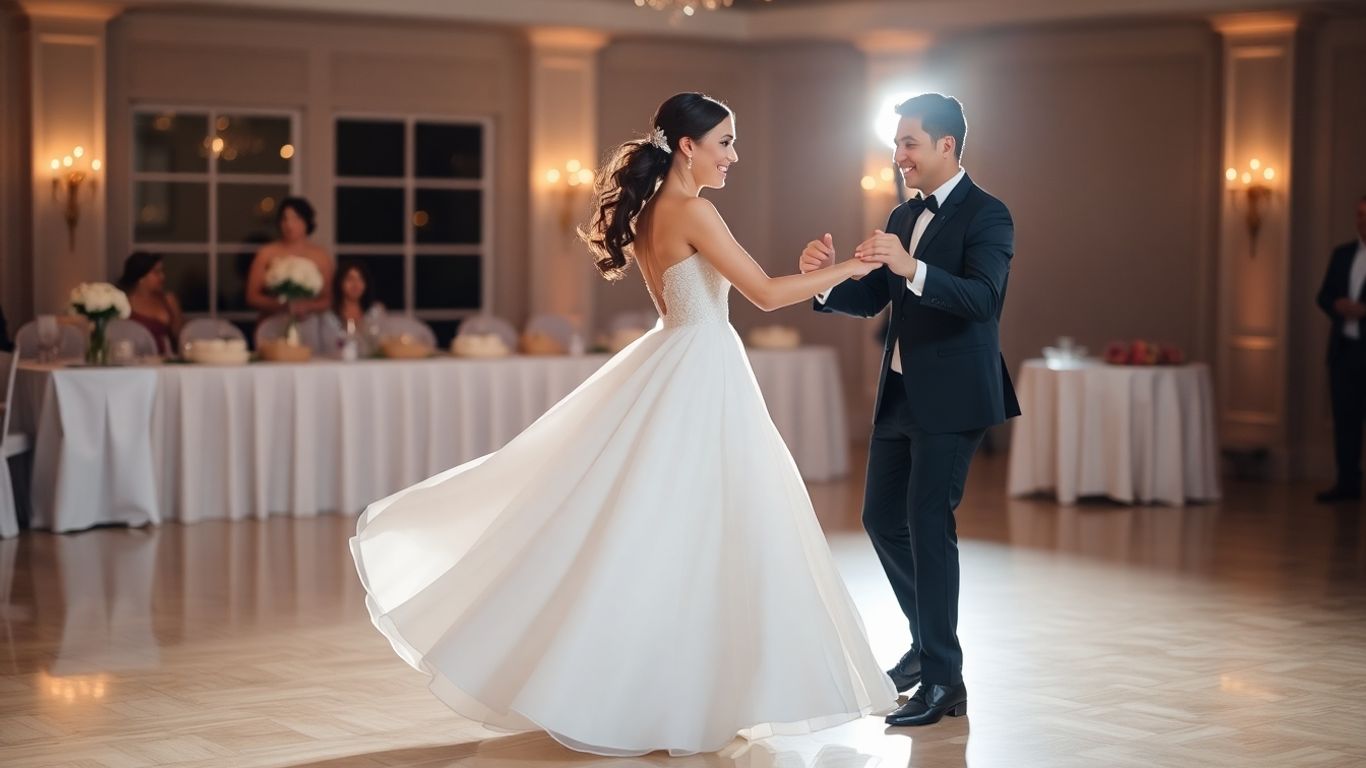 Par der øver brudevals på dansegulvet.