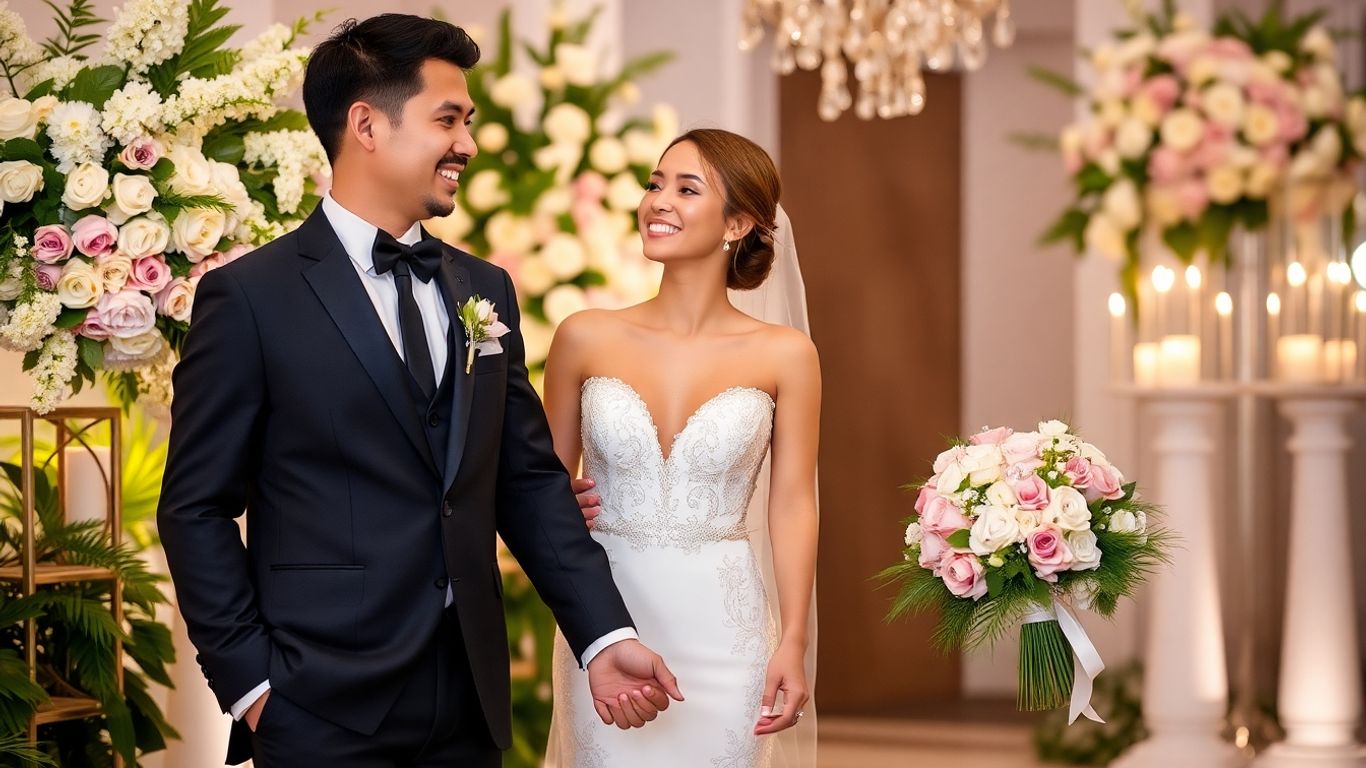 Bryllupspar holder hænder i smukke omgivelser