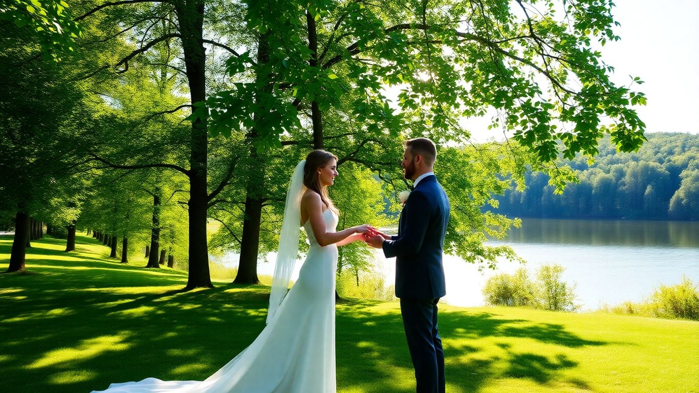 Bryllupspar i svensk natur med sø og træer.