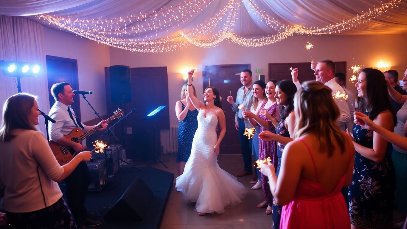 Bryllupsgæster danser med lysende stjernekastere.