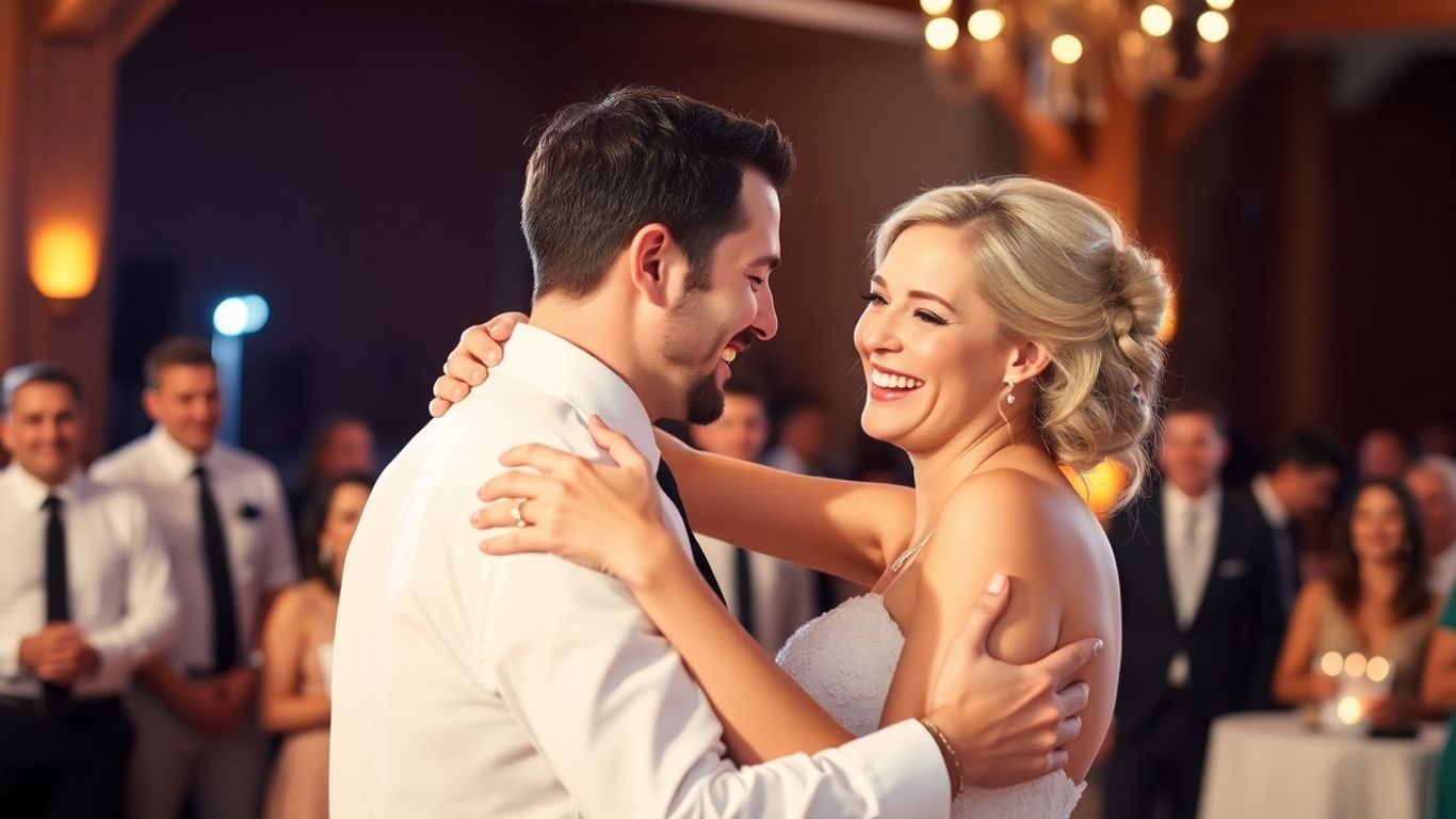 Bryllupspar danser lykkeligt til bryllupsfesten.