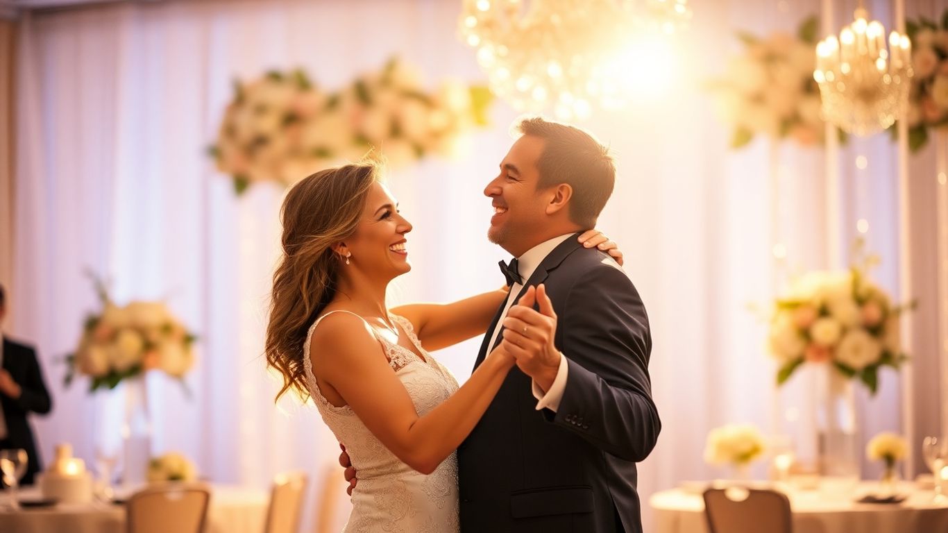 Par der danser til bryllup med blomster i baggrunden.