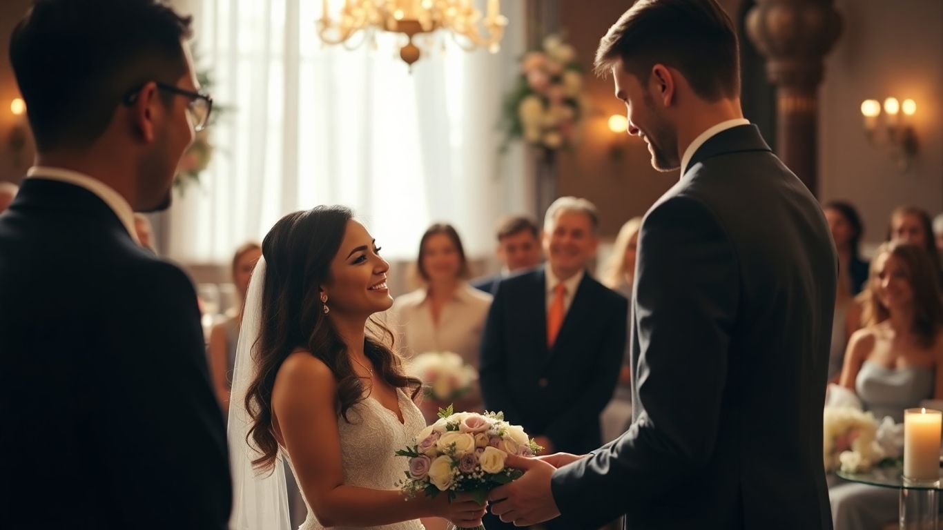 Bryllupspar udveksler løfter med glade gæster i baggrunden.