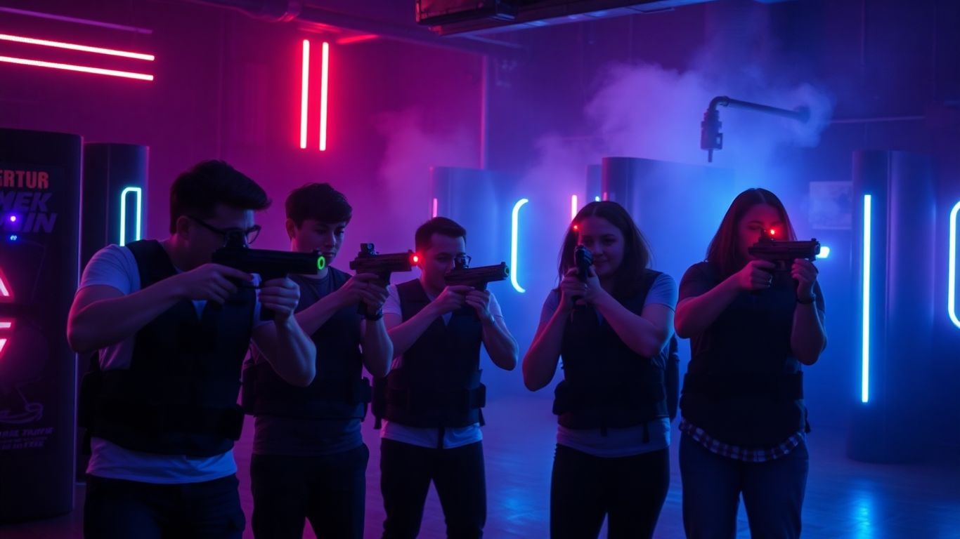 Folk spiller laser tag i et mørkt, neonbelyst rum.