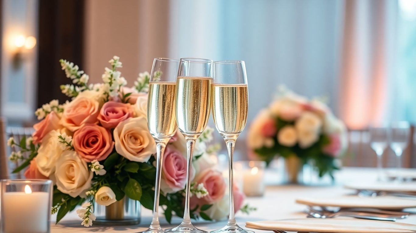 Formel bryllupsfejring med champagneglas og blomster.