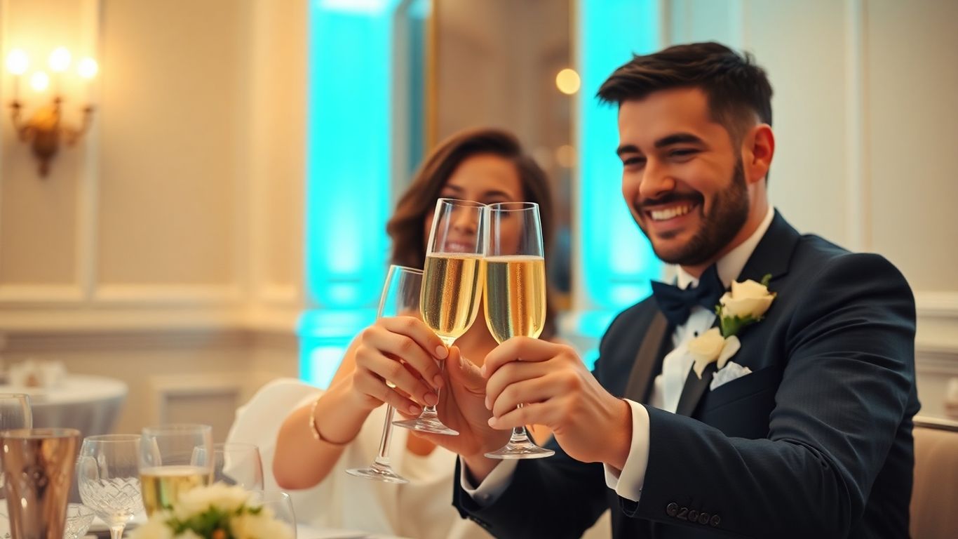 Par der skåler med champagneglas ved bryllup.