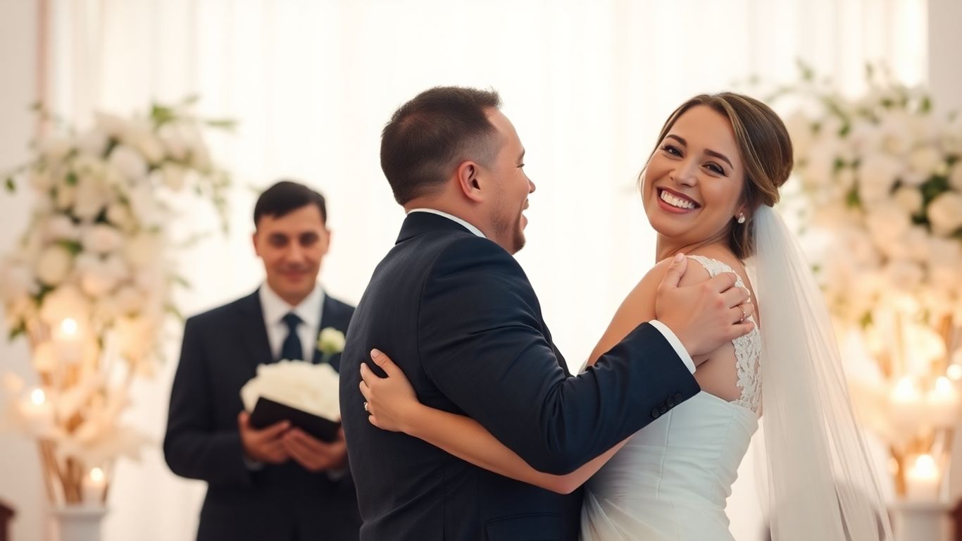 Bryllupspar omfavner hinanden under ceremonien.