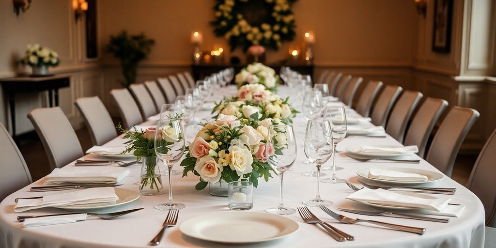 Bryllupsbord med blomster og gourmetmad i Århus.