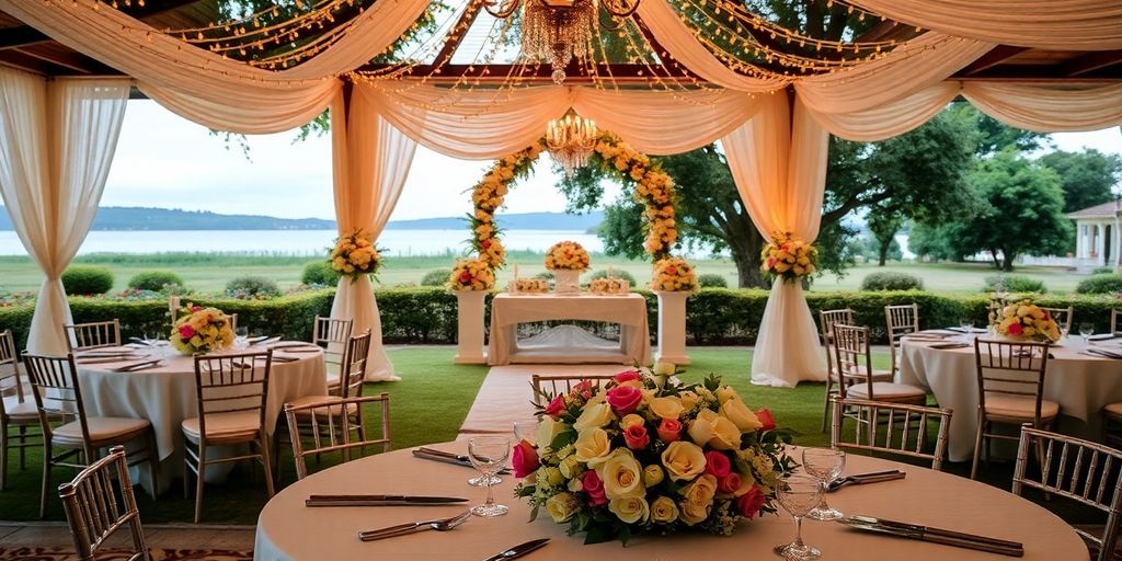 Bryllupsbillede med gæsteliste og dekorationer.