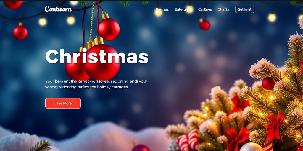 Farverig julehjemmeside med juletræ og dekorationer.