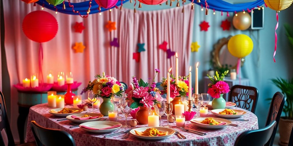 Festlig borddækning med farverige dekorationer til fest.