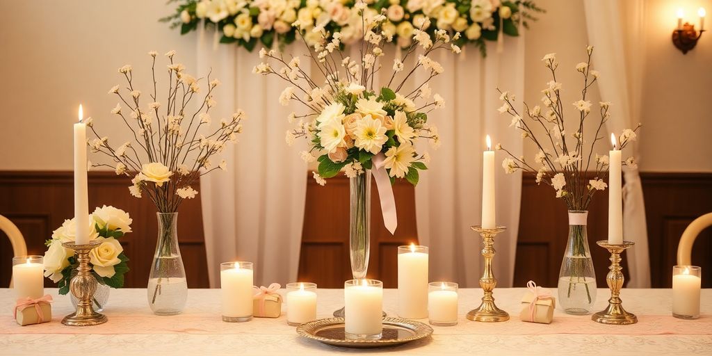 Elegant bordopsætning til dåb med blomster og lys.