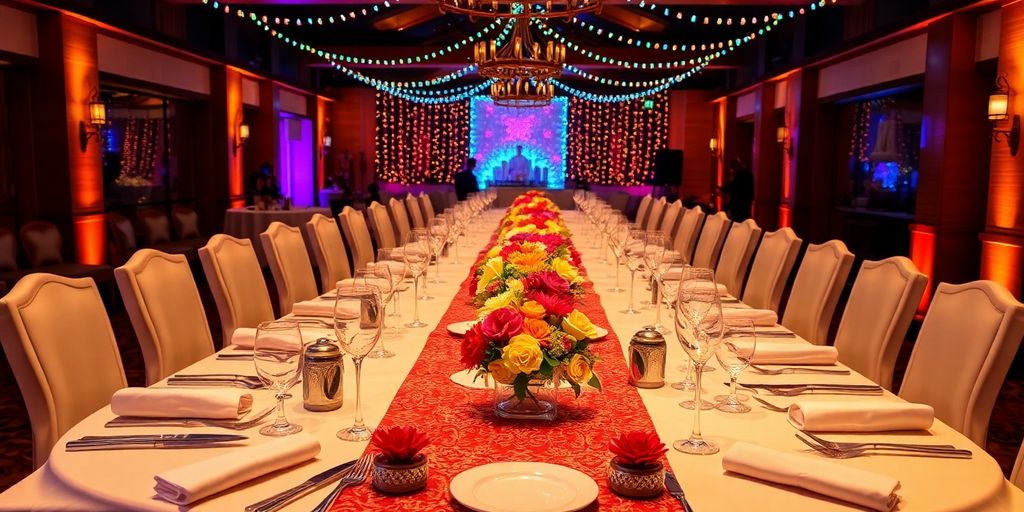 Festligt dækket bord til fest med elegante detaljer.