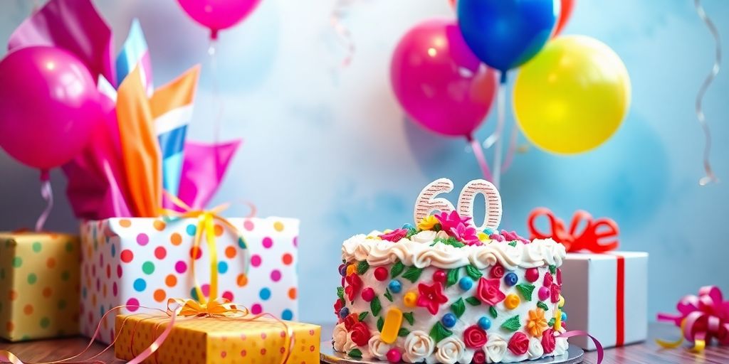 Farverige gaver til 60 års fødselsdag med festlige dekorationer.