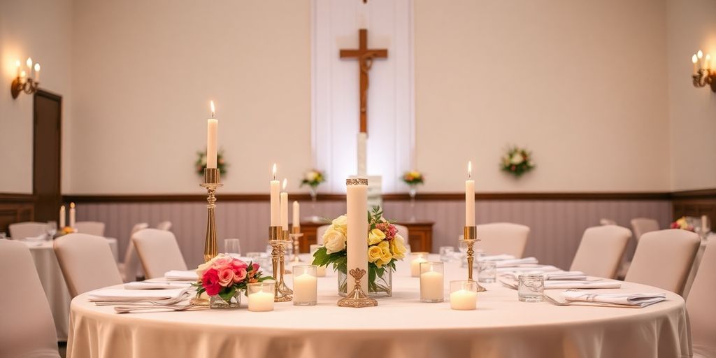 Dåbsbord med blomster og lys dekoration.