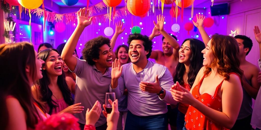 Glade venner til fest med farverige dekorationer.