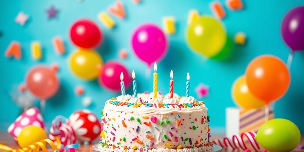 Farverig fødselsdagsfejring med kage og balloner.