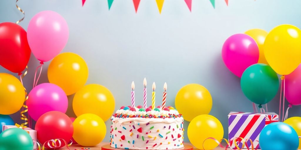 Farverige balloner og en festlig kage til fødselsdag.