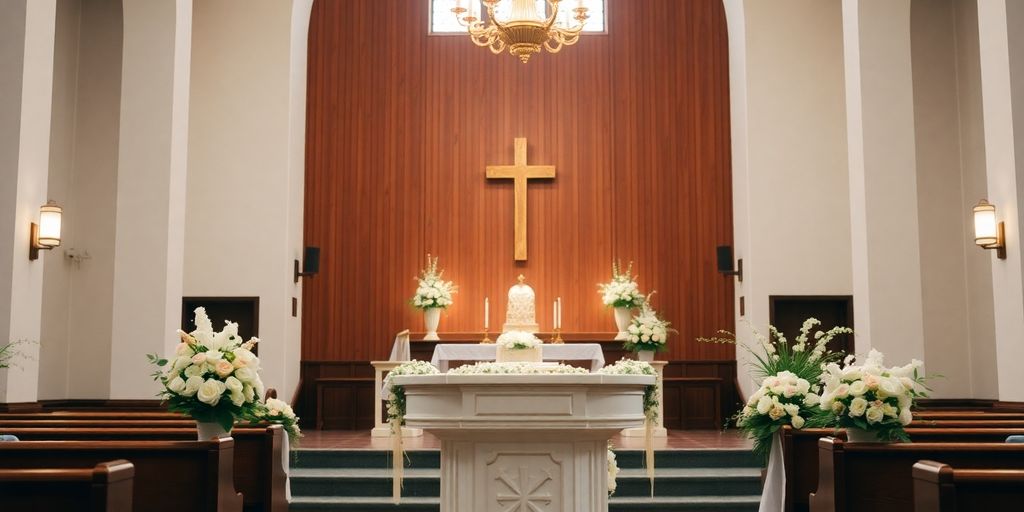 Dåbsritual i kirke med døbefont og blomster.