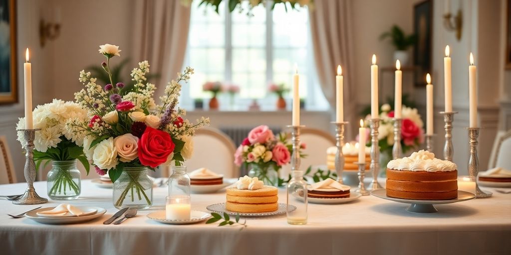 Festlig konfirmation med dekoreret bord og blomster.