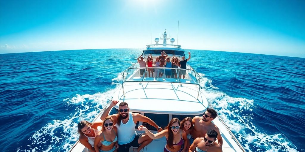 En gruppe venner fejrer på en yacht i solskin.
