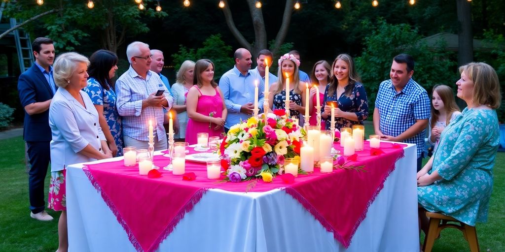 Festligt konfirmationsbord med blomster og glade gæster.