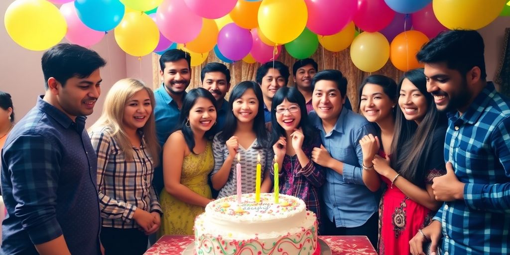 Fødselsdagsfest med kage og farverige balloner.