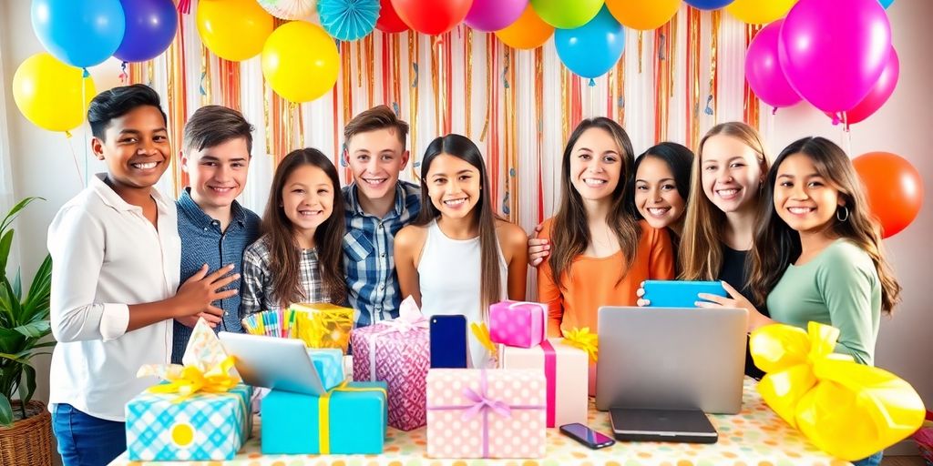 Glade konfirmander med gaver og festlige dekorationer.