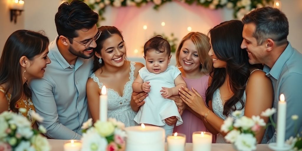 Familie samlet til barnedåb med glæde og kærlighed.