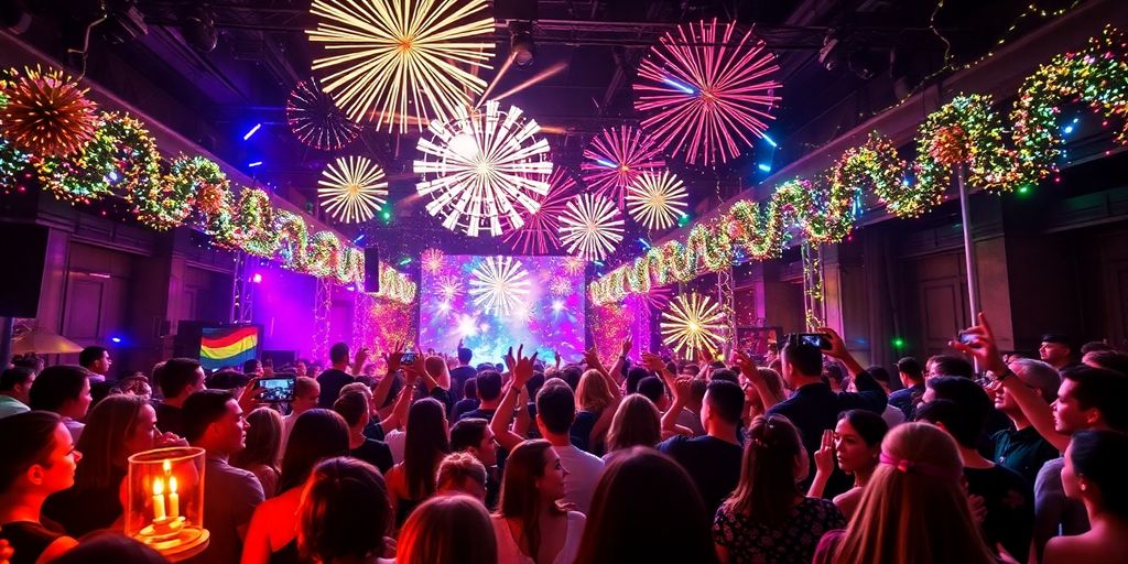 Festlig nytårsfejring med glade mennesker og dekorationer.