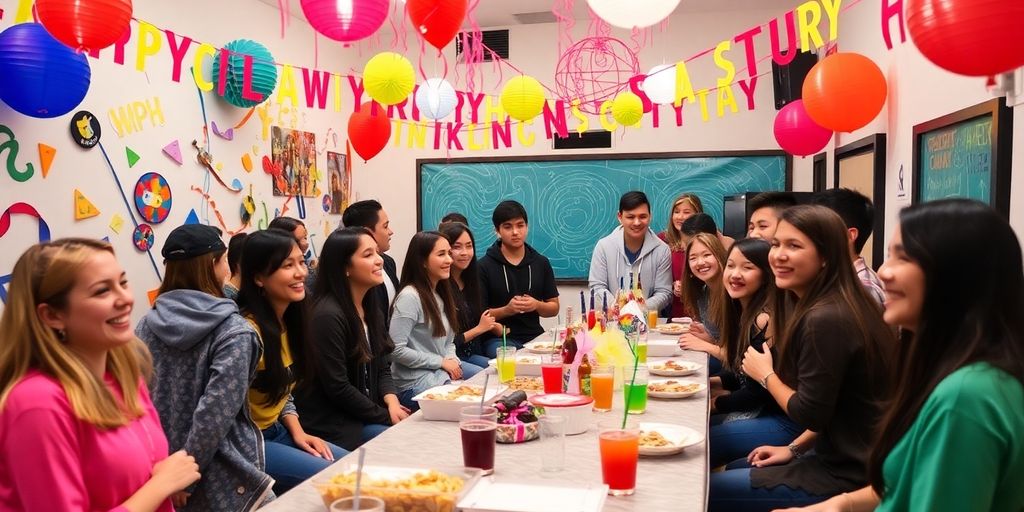 Festlig studenterselskab med farverige dekorationer og glade studerende.