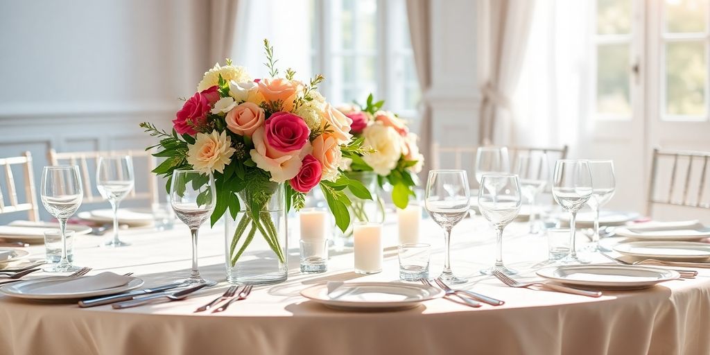 Smuk bordopstilling til bryllup med blomster og lys.