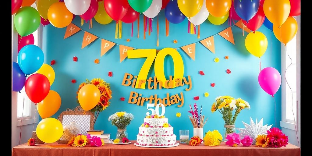 Farverig dekoration til 70-års fødselsdag med festlige elementer.