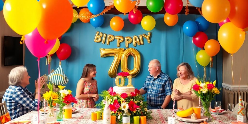 Farverig fødselsdagsfejring med dekorationer og balloner.