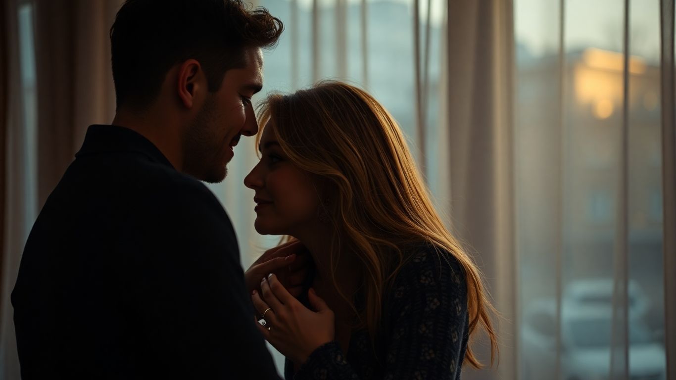 Et par omfavner hinanden i romantisk belysning