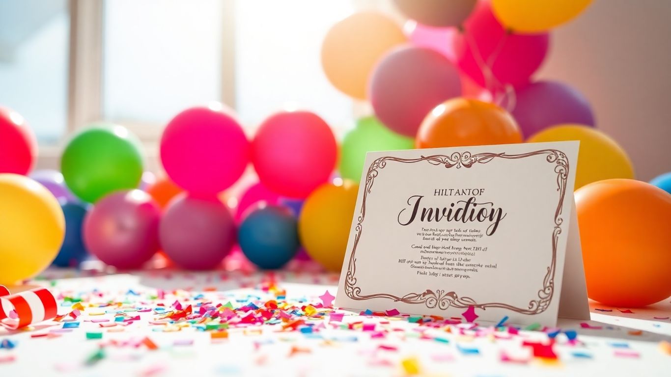 Fødselsdagsinvitation med balloner og konfetti