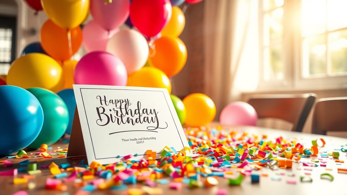 Fødselsdagsinvitation med balloner og konfetti