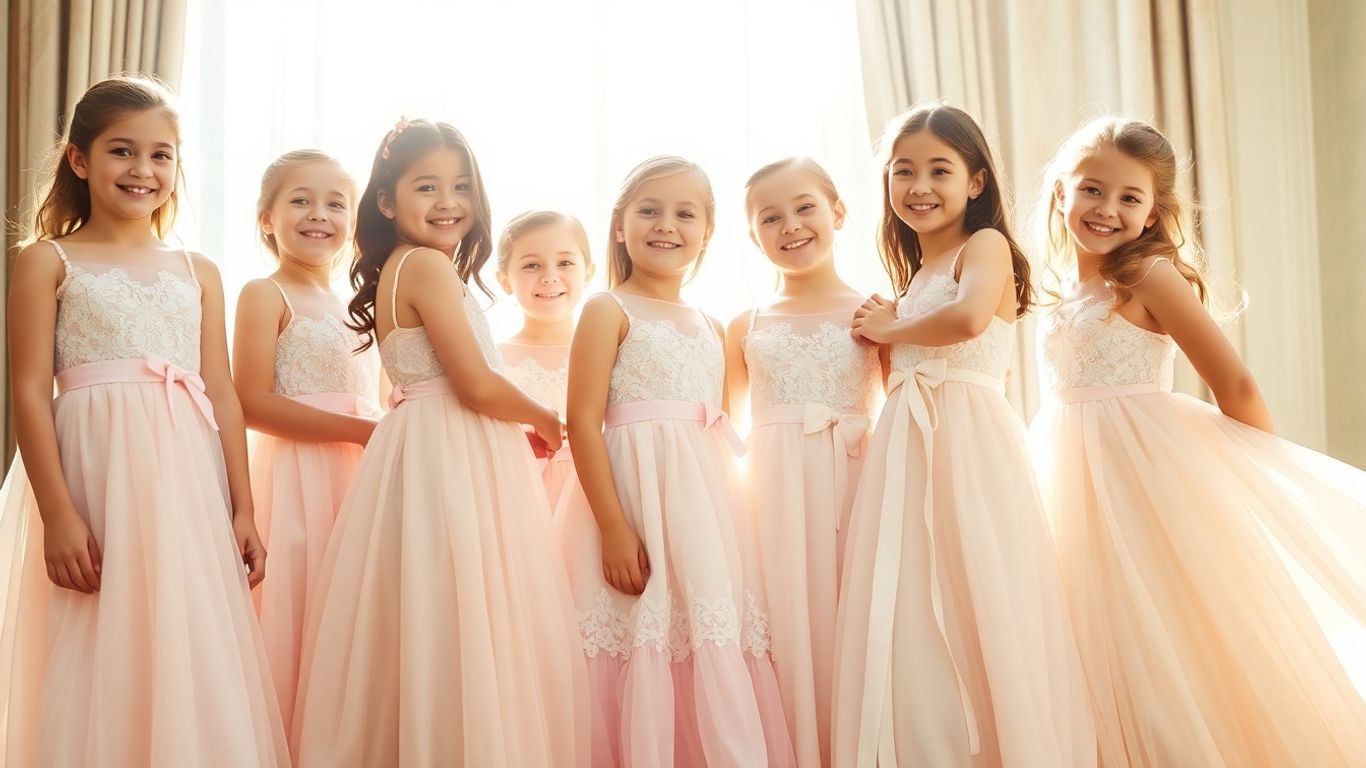 Brudepiger i smukke kjoler smiler og leger.