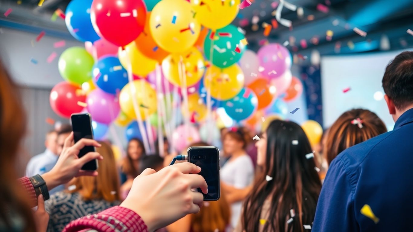 Glade mennesker til en festlig begivenhed med balloner.
