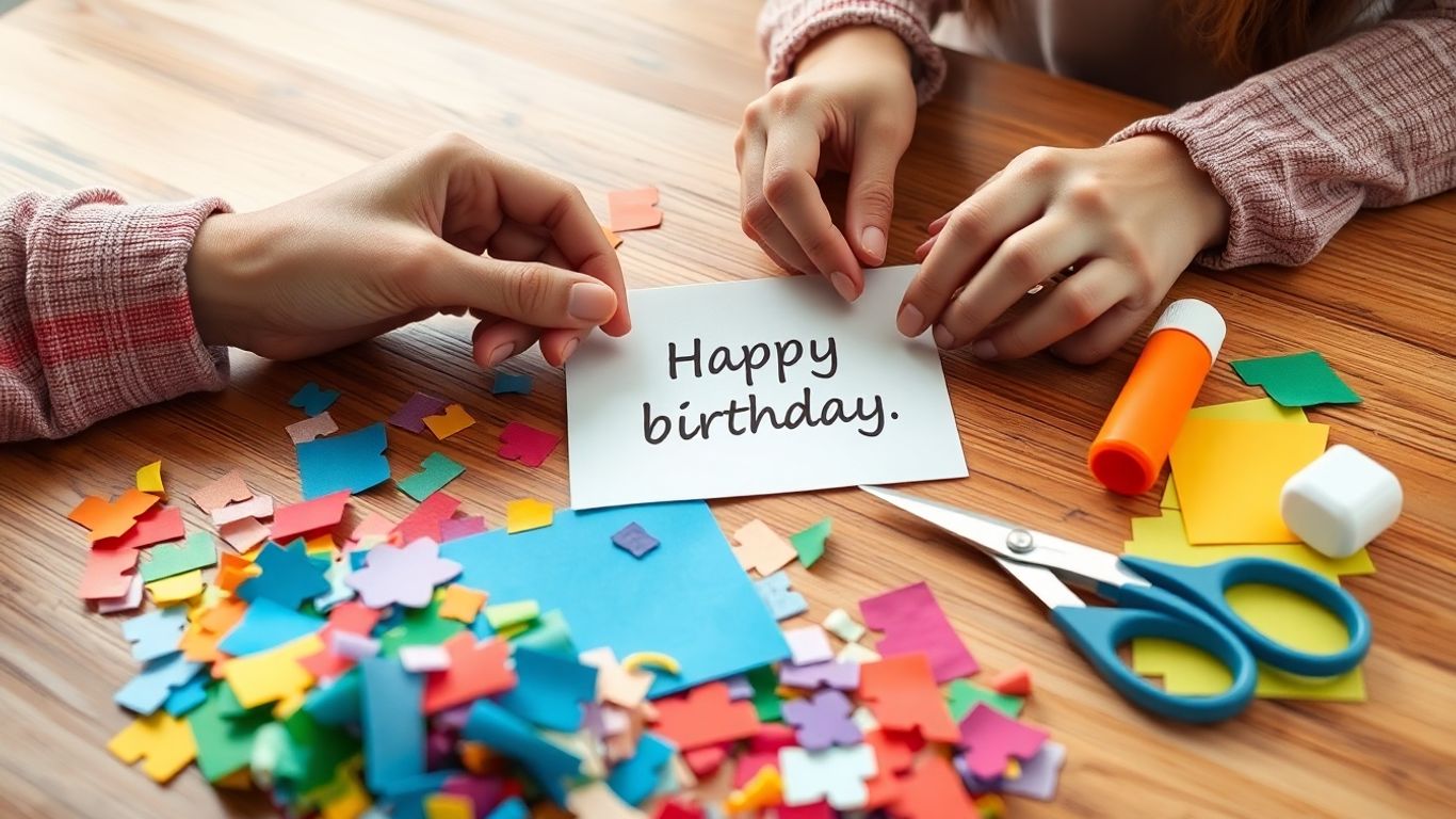 Hænder laver personligt fødselsdagskort med farverigt papir.