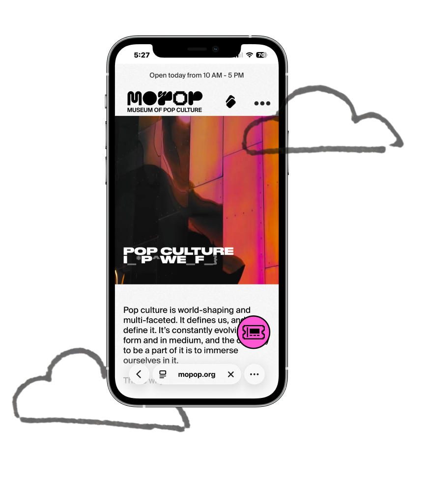 MOPOP website displayed on an iPhone