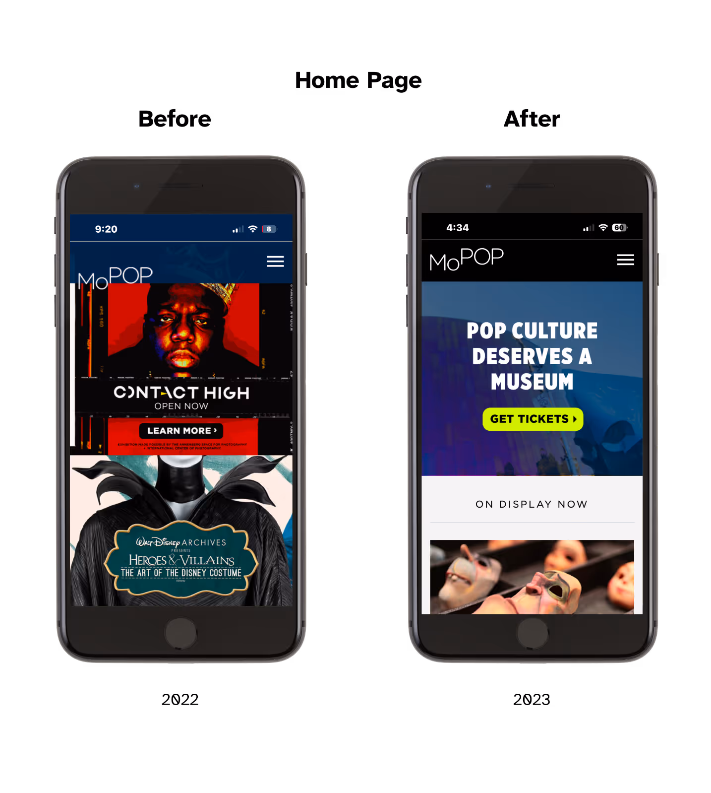 MOPOP Home Page Redesign: Before and After (Partial Redesign)