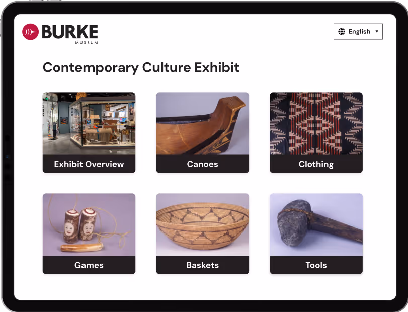 Burke Interface before user testing. Content arranged by theme - not visually related to specific spaces in the exhibit
