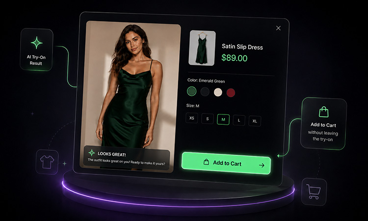 ETRYON try-on result modal with add-to-cart action