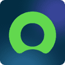 Green circular shape with an open bottom on a dark bluish gradient background.
